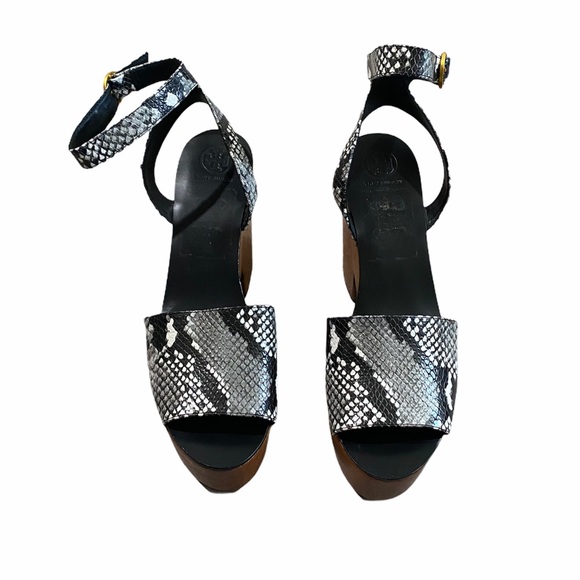 sz 10 1/2 TORY BURCH Snakeskin Platform Wooden Heel Camilla - Picture 8 of 9